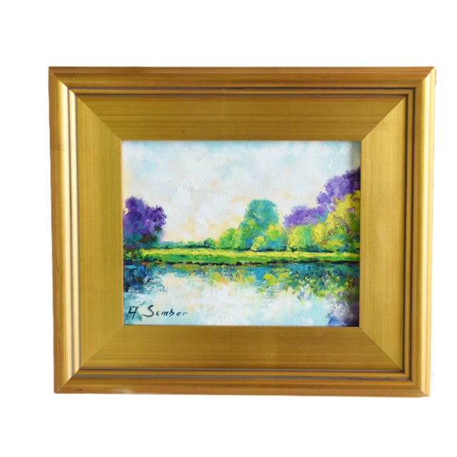 Early 21st Century Serene Impressionist Lake & Landscape Oil Painting Including the Antiqued Gold Wood Frame For Sale - Image 5 of 10