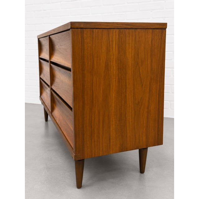Mid Century Modern Walnut Lowboy Dresser | Sculpted Front 6 Drawer Credenza | Refinished Vintage MCM Bedroom Storage Cabinet, C. 1960’s For Sale - Image 11 of 16