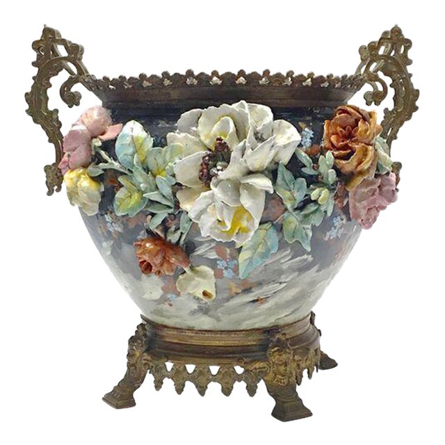 Large Antique Barbotine Majolica Jardiniere For Sale