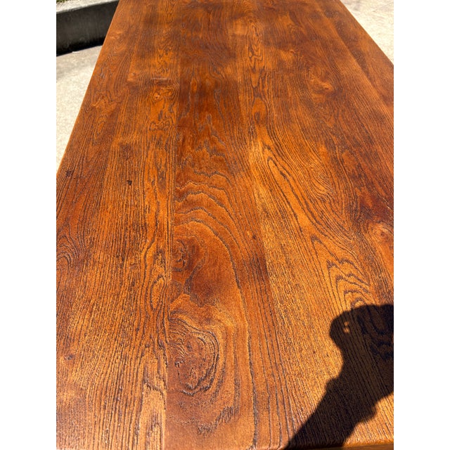 Wood Vintage Solid Plank Trestle Oak Farm Dining Table For Sale - Image 7 of 12
