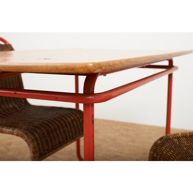 Wood Table with Chairs in Red Lacquered Tubular Steel by S. Meier for Rohrmöbelfabrik, 1920s, Set of 3 For Sale - Image 7 of 17