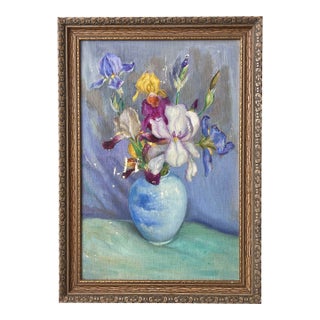 Early 20th Century Oil Painting Colorful Still Life of Irises in a Blue Vase For Sale