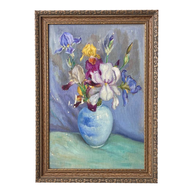 Early 20th Century Oil Painting Colorful Still Life of Irises in a Blue Vase For Sale