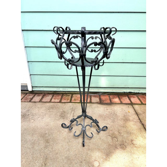 Victorian Vintage Black Wrought-Iron Scrollwork Pedestal Plant Stand For Sale - Image 3 of 7
