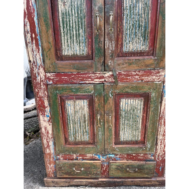 Vintage Hand-Carved Red Armoire | Rustic Farmhouse Storage Wardrobe Cabinet 70 For Sale In Orlando - Image 6 of 6