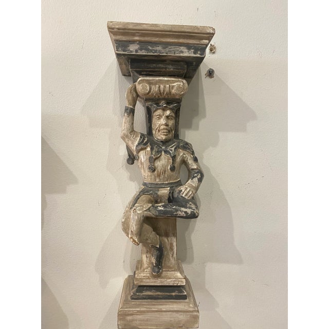 Vintage Primitive Wood Jester Corbel Wall Sconces Original Chippy Paint -A Pair For Sale - Image 11 of 12