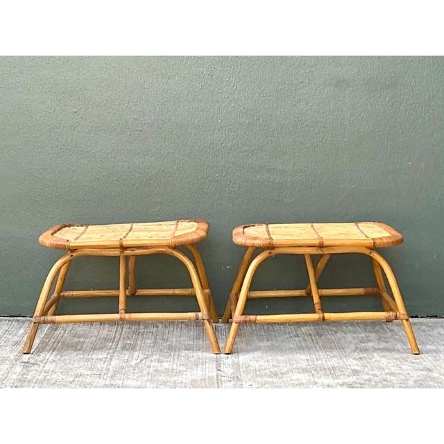 Mid-Century Modern Vintage Rattan Low Stools - Pair For Sale - Image 3 of 12
