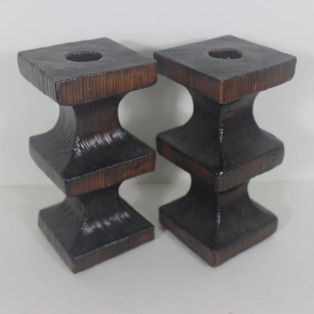 Vintage Brutalist Wood Candle Holders, Wood, Gothic, Spanish Revival- Set of 2 For Sale - Image 6 of 10