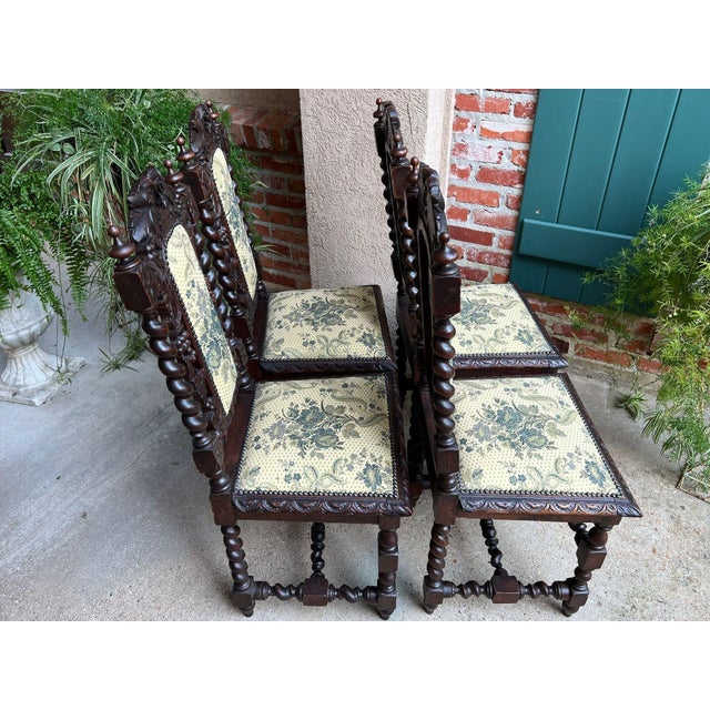 Set 4 Antique French Dining Chairs Barley Twist Renaissance Carved Oak Green 1900 For Sale - Image 9 of 18