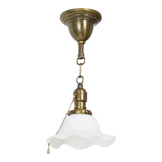 Early 20th Century Pendant With White Ruffled Glass and Pull Chain Socket For Sale