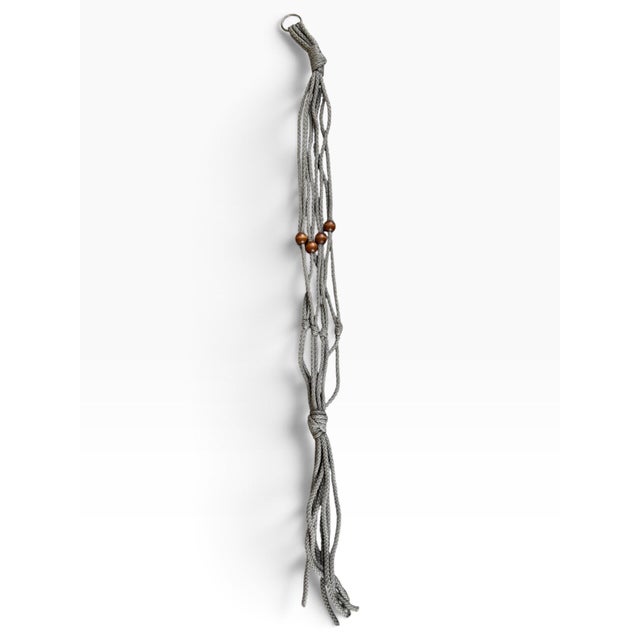 Mid-Century Modern Vintage Gray Macramé Plant Hanger With Wooden Beads & Tassel For Sale - Image 3 of 3