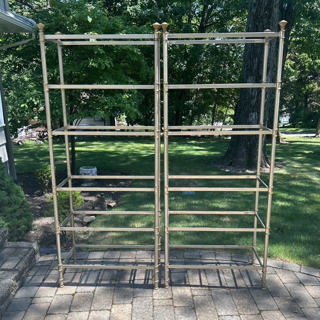 Modern 1940s Pair Brushed Steel and Brass 6 Glass Shelf Etageres in the Jansen Style For Sale - Image 3 of 7