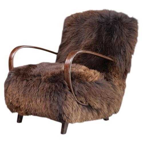 Dutch Sheepskin and Bentwood Lounge Chair from Jindřich Halabala, 1940s For Sale - Image 13 of 13