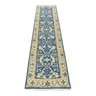 Oushak Runner 2’7” X 10′ Blue Wool Tribal Hand-Knotted Oriental Rug For Sale
