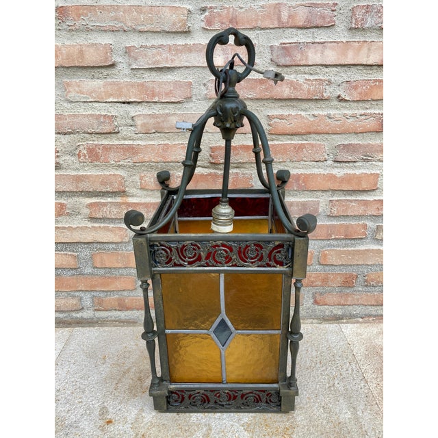 Wrought Iron and Stained Glass Ceiling Lantern Lamp, 1950s For Sale - Image 18 of 18