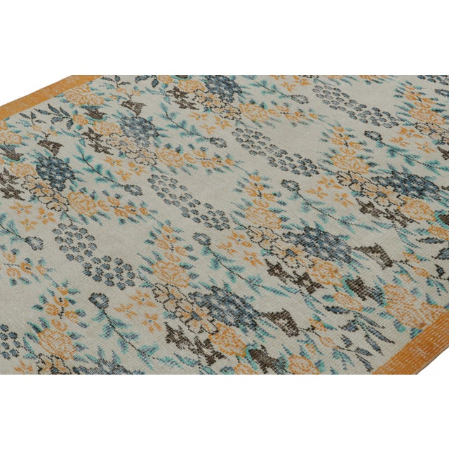 Rug & Kilim 1960s Vintage Zeki Muren Rug in Blue and Orange With Floral Patterns From Rug & Kilim For Sale - Image 4 of 7