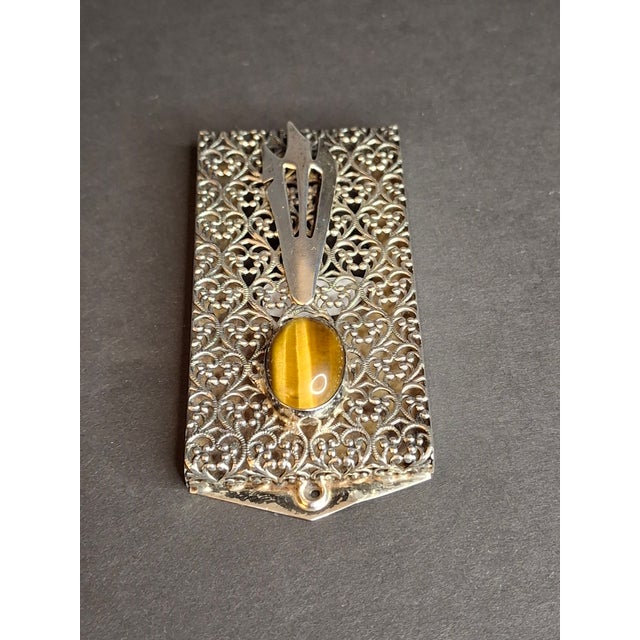 Silver Vintage Israel Sterling Silver 925 Filigree Mezuzah Case Tiger's Eye Stone Judaica For Sale - Image 8 of 18