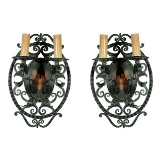 French Filigreed Green With Gold & Red Emblem Sconces - a Pair For Sale