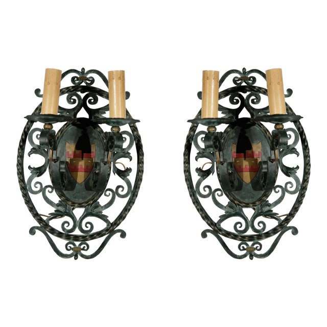 French Filigreed Green With Gold & Red Emblem Sconces - a Pair For Sale