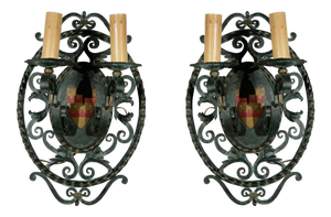 French Filigreed Green With Gold & Red Emblem Sconces - a Pair