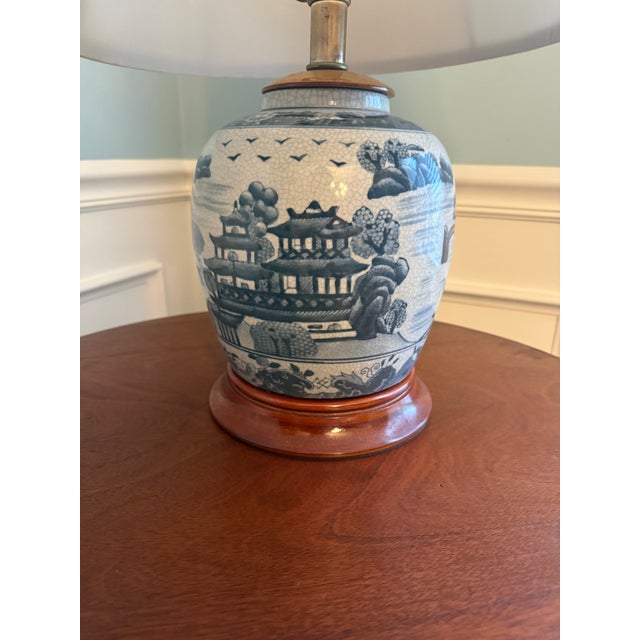 Vintage Blue & White Crackle Glaze Ginger Jar Table Lamp With Shade For Sale In Baltimore - Image 6 of 9