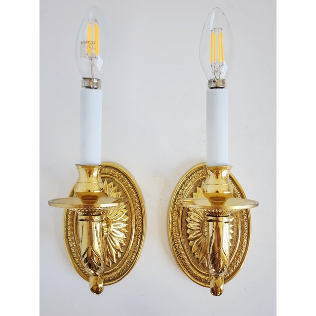 Neoclassical Style Brass Wall Sconces - A Pair For Sale - Image 4 of 12