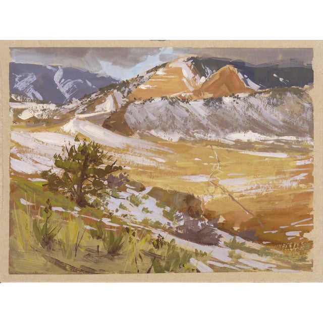 This gouache painting captures a sweeping landscape of Morrison, Colorado, showcasing the dynamic interplay of light and...