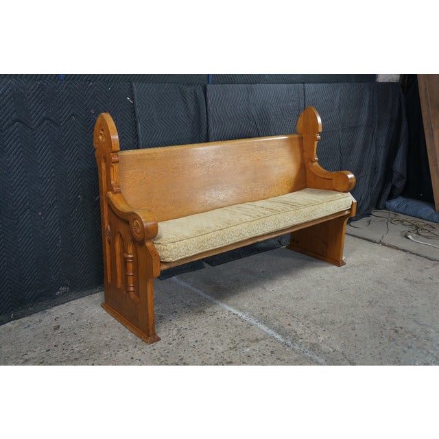 2 Antique Gothic Revival Quartersawn Oak Carved Church Pews Deacon Bench Pair For Sale - Image 6 of 18