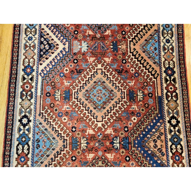 Vintage Persian Shiraz Tribal Runner Rug, Hand-Knotted Wool, Geometric Medallion Pattern, Red & Blue, 3x10 For Sale - Image 13 of 15