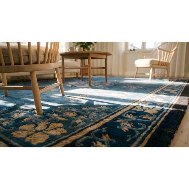 Extraordinary Blue Color With Delicate Flower Design Antique Chinese Peking Rug For Sale In New York - Image 6 of 8