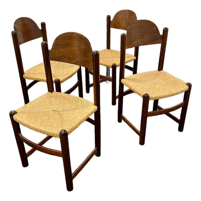 Set of 4 Vintage 1970’s Attributed to Hank Lowenstein "Padova" Italian Rush Seat Dining Chairs For Sale