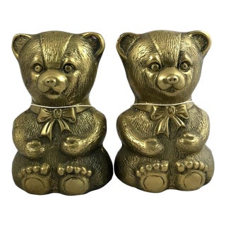 Vintage Mid-Century Traditional Style Brass Teddy Bear Bookends - a Pair For Sale