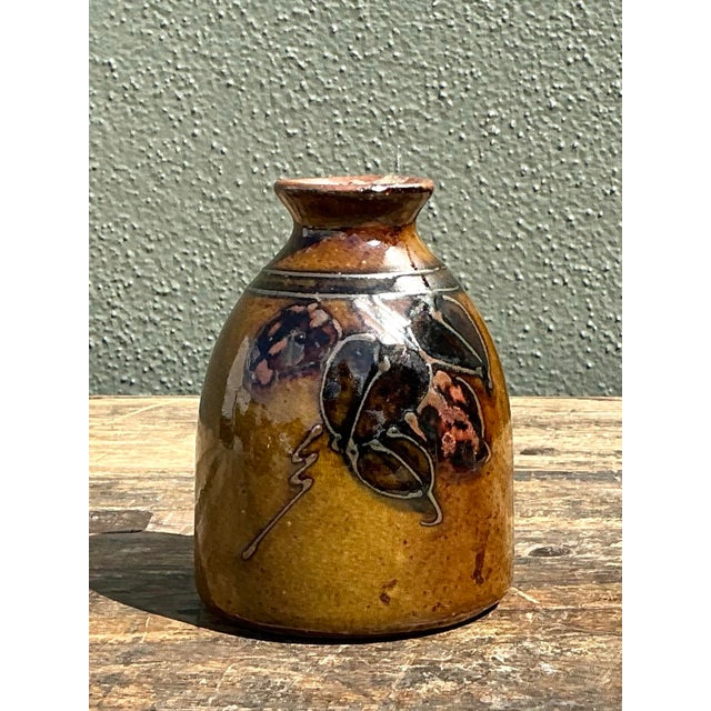 Brown Vintage Hand Painted Leaves Studio Pottery Vase For Sale - Image 8 of 12