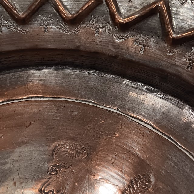 Vintage Egytian Hammered Sculptured Copper Platter/ Bowl With French Fluer- De- Lis and Bee Symbol For Sale - Image 15 of 18