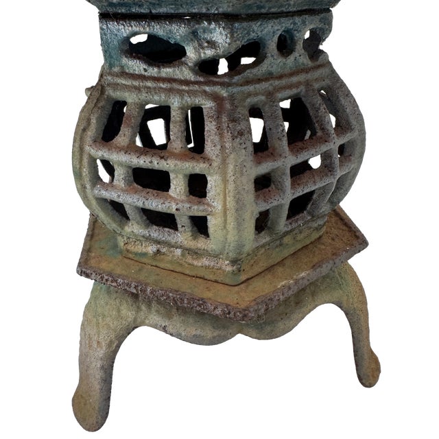 Metal Vintage Japanese Cast Iron Pagoda Garden Lantern Verdigris Marked Japan For Sale - Image 7 of 15