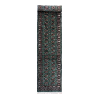 Rustic Bokhara Green/Black Hand Knotted Wool Runner Rug For Sale