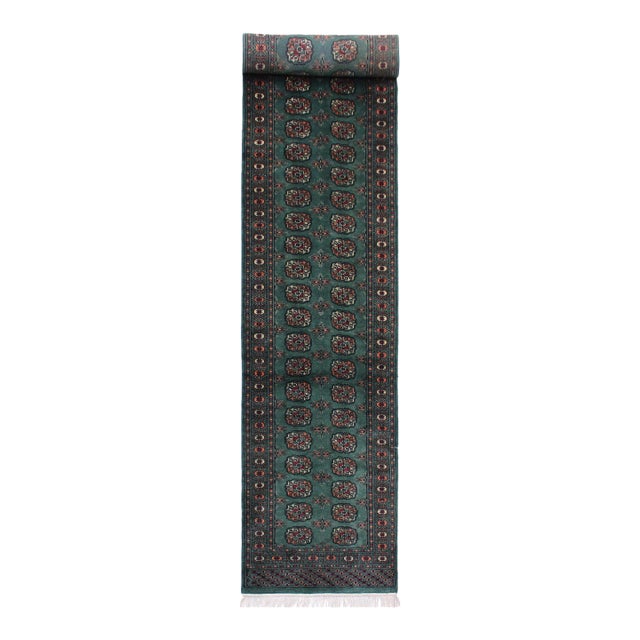 Rustic Bokhara Green/Black Hand Knotted Wool Runner Rug For Sale