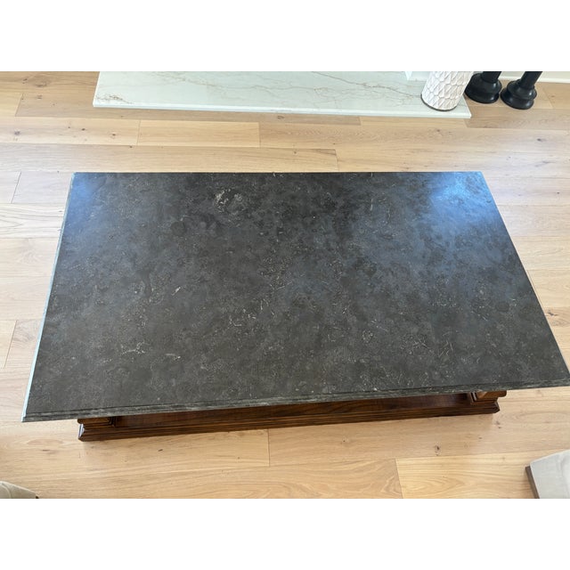 Blue-Gray Natural Slate Stone Coffee Table With Solid Hardwood Trestle Base For Sale - Image 4 of 4