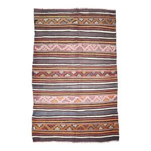 1960s Turkish Handmade Stripe Design Vintage Kilim Rug -4' 6'' X 6' 7''