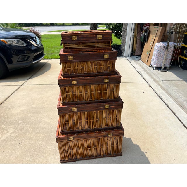 Late 20th Century Vintage Split Reed Bamboo Nesting Boxes, Palm Beach Boho Style - 5 Pieces For Sale - Image 5 of 6