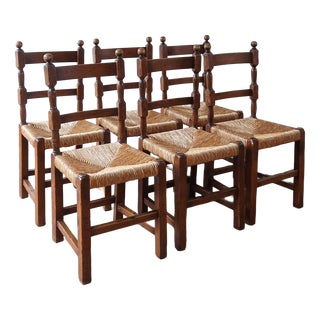 Oak and Rush Dining Chairs in the style of Charles Dudouyt, France, 1940s, Set of 6 For Sale