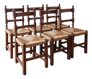 Oak and Rush Dining Chairs in the style of Charles Dudouyt, France, 1940s, Set of 6