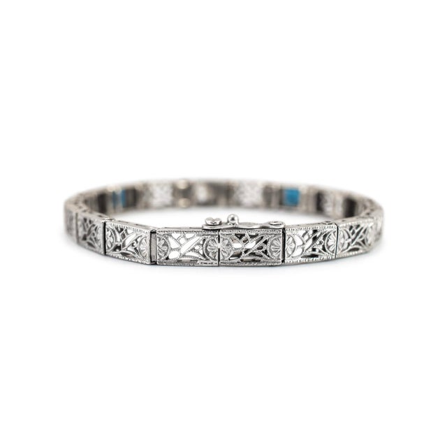 Antique Art Deco 14k White Gold Old European Cut Diamond Sapphire Link Bracelet For Sale - Image 4 of 6