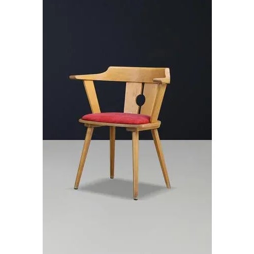 Wood Mid-Century French Bistro Armchair in Beech and Red Upholstery, 1950s For Sale - Image 7 of 11