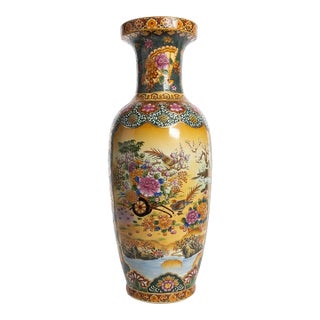 Vintage Chinese Satsuma-Style Moriage Porcelain Floor Vase, 24” For Sale