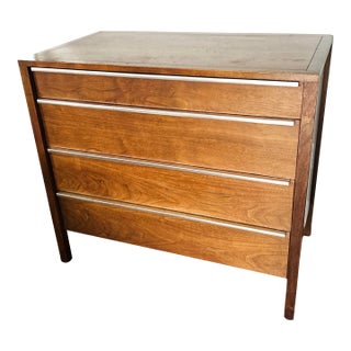 Vintage John Stuart Mid-Century Modern Walnut Four-Drawer Dresser by John Stuart – Walnut Chest With Steel Edge Pulls, Circa 1970s For Sale