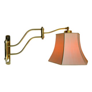 Mid-Century Brass Wall Light with Adjustable Swing Arm and Off-White Lampshade For Sale