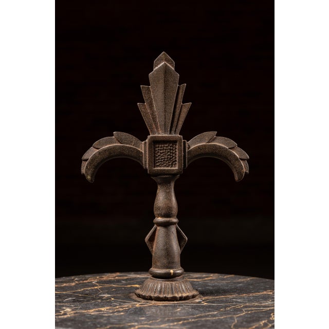 Metal 1920s Art Deco Cast Iron & Potoro Marble Smoking Stand With Fleur-De-Lis Finial For Sale - Image 7 of 10