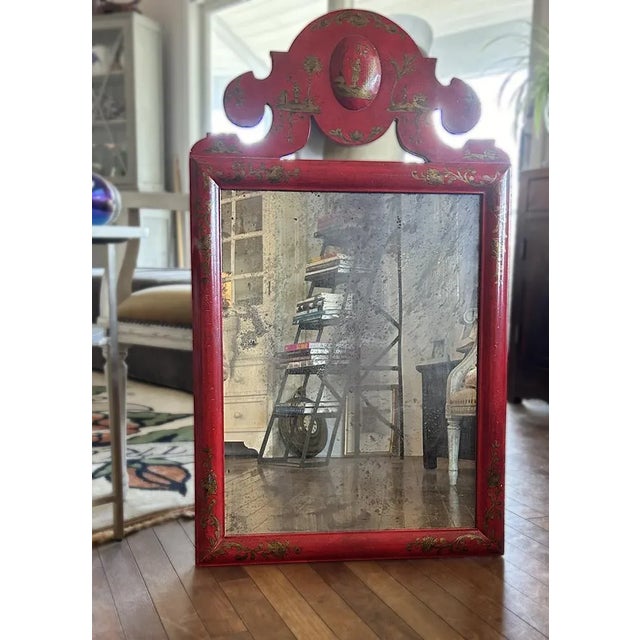 Wood Vintage Scarlet Red Chinoiserie Mirror For Sale - Image 7 of 8
