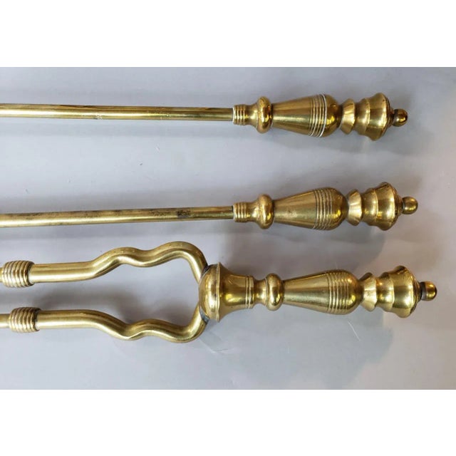 Metal Antique French Brass Fireplace Tools With Firedogs - 5 Piece Set For Sale - Image 7 of 10
